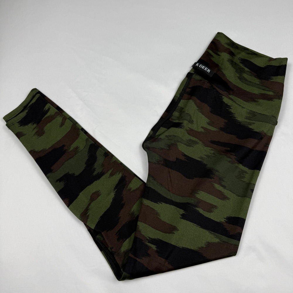 K-DEER Leggings Womens Large Green Camo High Waist Sneaker Length Yoga Pants
